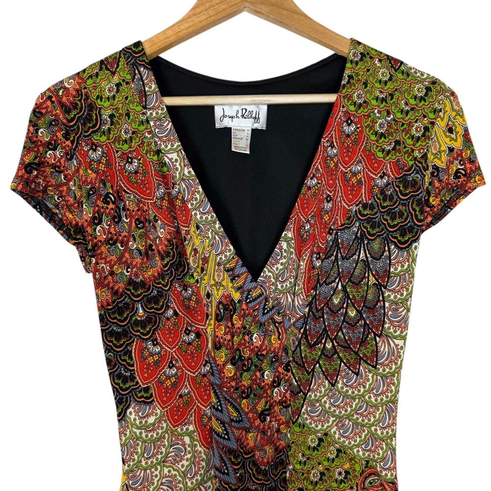 Joseph Ribkoff Dress Women 8 Paisley Peacock Print V Neck MIDI Multicolor - Picture 4 of 14